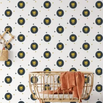 behang met leeuw in blauw met oker