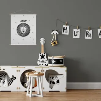 textielposter leeuw zwart wit sfeer kinderkamer hiphuisje