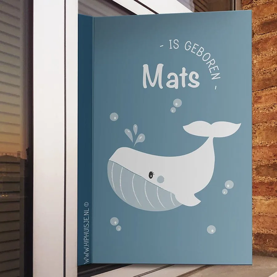 geboortebord blauwe walvis raambord hip huisje