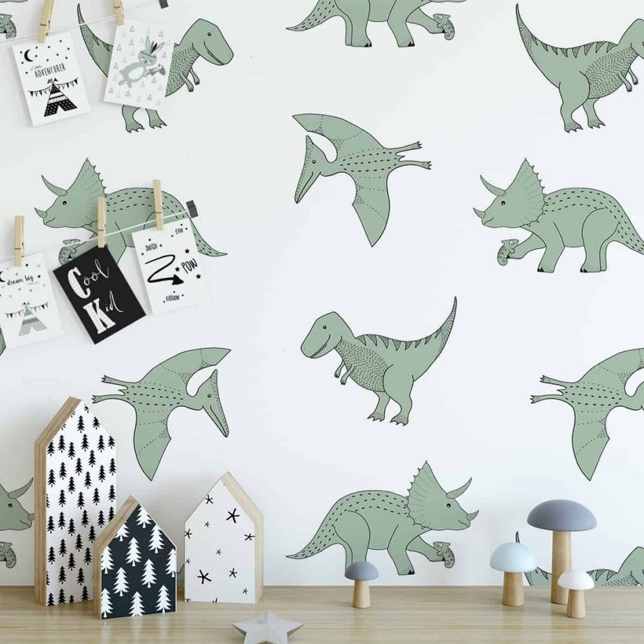 dino behang groen close up jongenskamer meisjeskamer groene kinderkamer inrichting lijntekening prints kinderkamerstyling hiphuisje 4