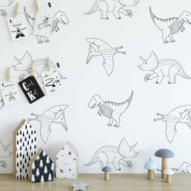 dino behang jongenskamer lijntekening dinosaurus monochrome kinderkamerstyling jongens hipuisje 3