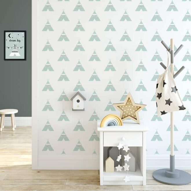 kinderkamer behang tipi groen babykamer hip huisje 3