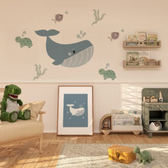 muusticker walvis met meerdere schildpadjes zeewier en visjes