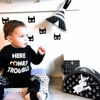 muziekdoosje tipi zwartwit konijntjeskoffer kinderkoffertje halfrond sfeerfoto