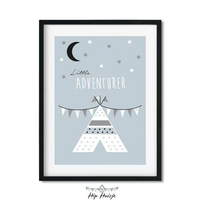 poster blauw tipi decoratie kinderkamer babykamer zwartwit accessoires 1