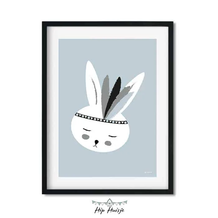 Poster konijntje zacht blauw voor de kinderkamer 1 poster konijntje lichtblauw kinderkamer hiphuisje 2