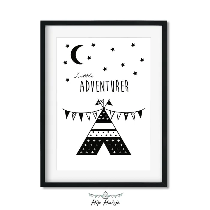 Poster tipi zwart wit. 1 poster little adventurer tipi zwartwit kinderkamer babykamer monochrome