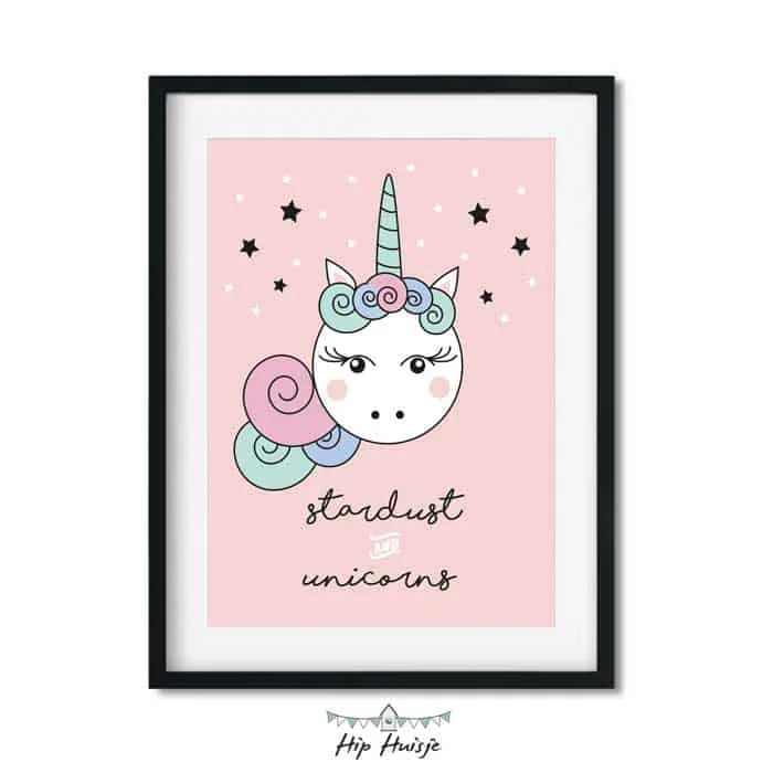 Poster eenhoorn roze. 1 poster roze meisjeskamer eenhoorn kinderkamer accessoires
