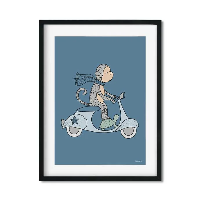 Poster aap op een scooter voor de kinderkamer 1 poster aap scooter kinderposter kinderkamer hiphuisje