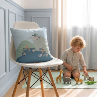 kussen kinderkamer dieren onderweg blauw, groen