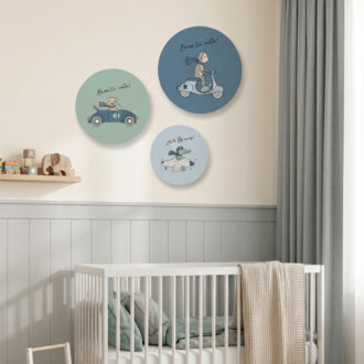 muurcirkels voor de kinderkamer met dieren en voertuigen in groen en blauw