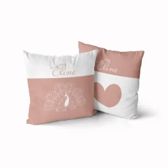 naamkussens pauw hartje oudroze meisje kraamcadeau