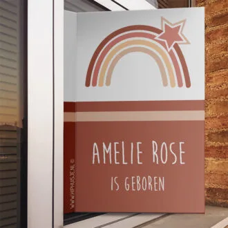 geboortebord sfeer regenboog aardetinten hiphuisje