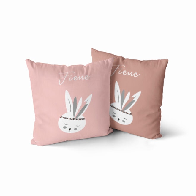 naamkussen met konijntje in roze oudroze hiphuisje
