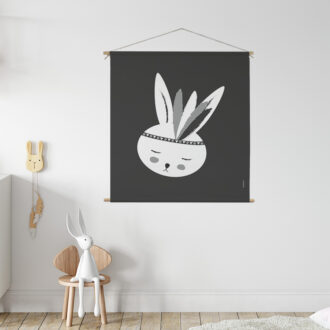 XL Textielposter met konijntje zwart wit kinderkamer meisjeskamer hiphuisje
