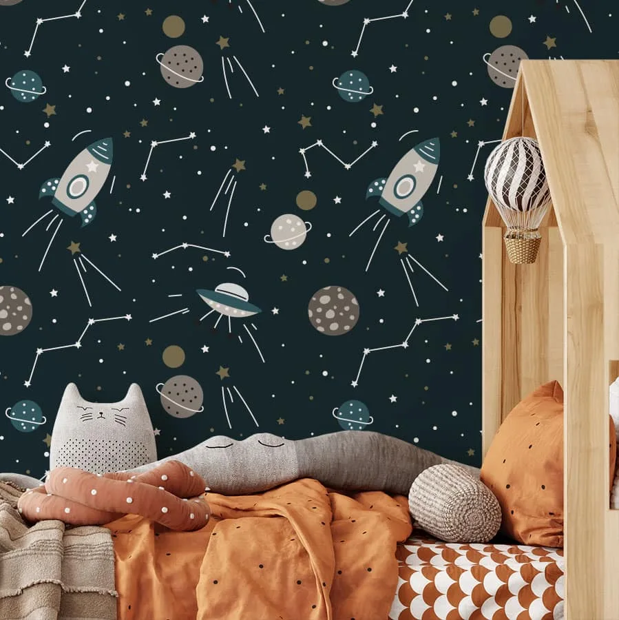 kinderkamer behang ruimtevaart donkerblauw