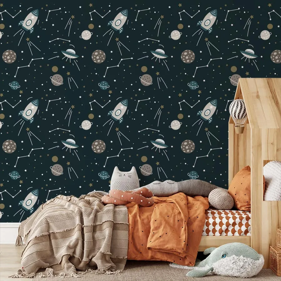 kinderkamer behang ruimtevaart heelal donkerblauw