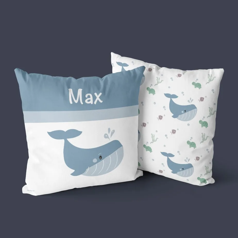 Naamkussen walvis voor de baby,- of kinderkamer 2 naam kussen walvis blauw jongenskamer