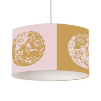 hanglamp met eenhoorn in roze met okergele print voor de meisjeskamer - hip huisje