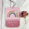 houten geboortebord met regenboog in roze - geboorte baby - kraamcadeau - decoratie babykamer - hiphuisje