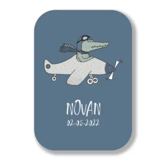 houten geboortebord met krokodil in een vliegtuig - kraamcadeau