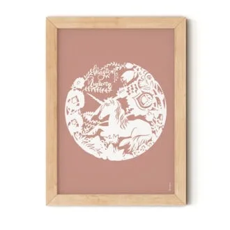 poster met eenhoorn print in oudroze hiphuisje