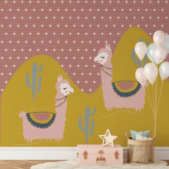 behang lama oudroze okergele bergen meisjeskamer