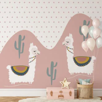 behang lama wit roze bergen hiphuisje