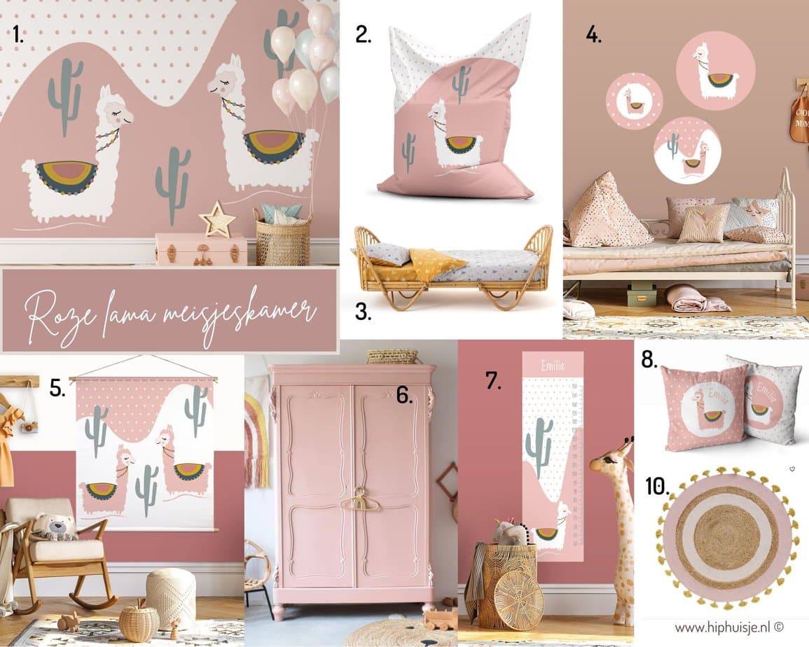 Een schattige roze kinderkamer met lama’s - moodboard lama kinderkamer roze