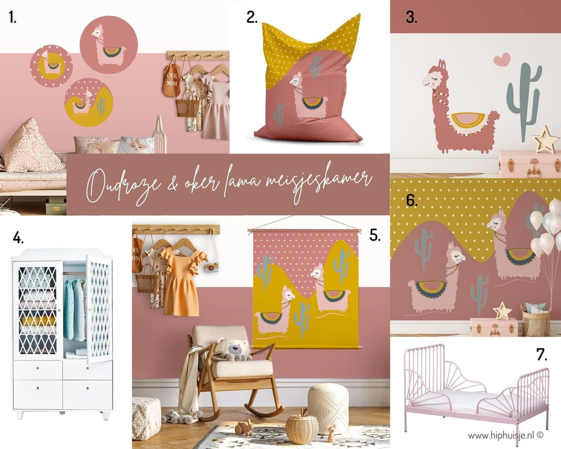 moodboard lama oudroze oker kinderkamer roze