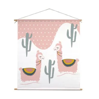 textielposter XL lama roze wit kinderkamer jongenskamer dieren hiphuisje