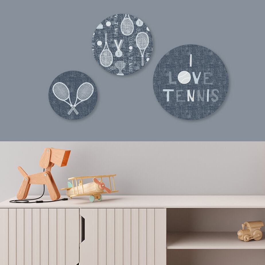 Muurcirkels met tennis print in blauw 1 Muurcirkels met tennis print in blauw voor de kinderkamer - i love tennis - hiphuisje