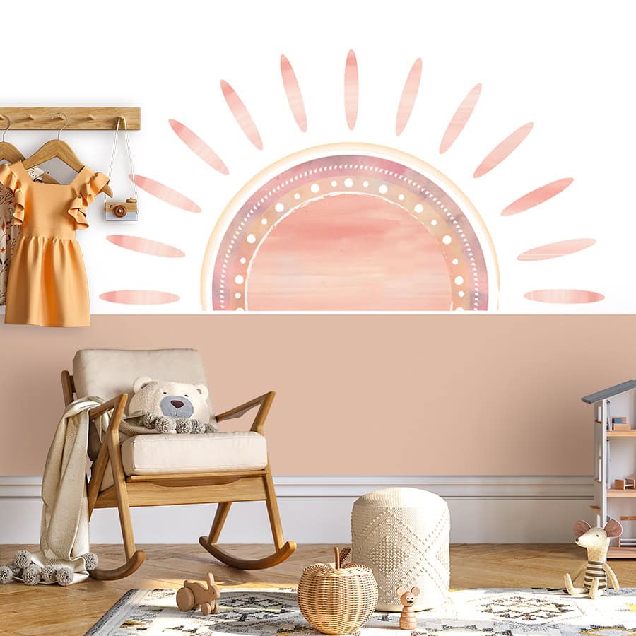 thema kinderkamer 20 xl behang opgaande zon lambrisering beige hiphuisje