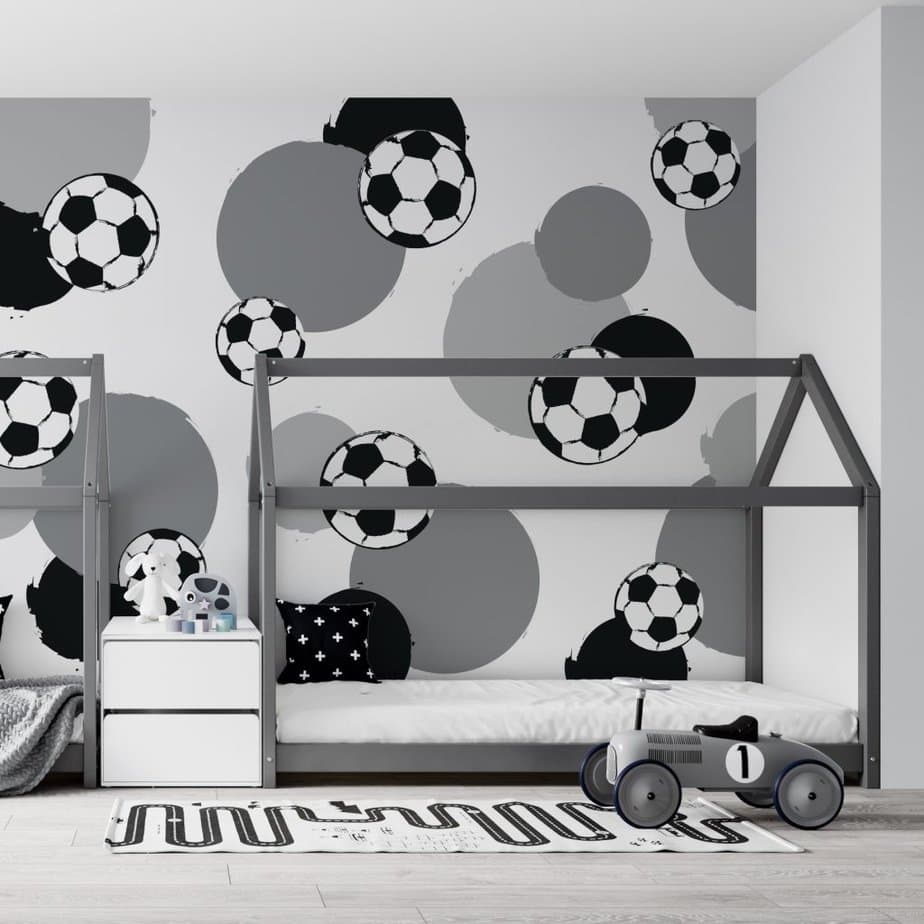 XL behang voetbal zwart wit voetbalkamer kind hiphuisje XL behang met grafische voetbalprint in zwart-wit - hiphuisje