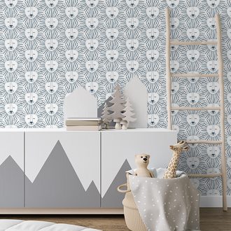 patroon behang met leeuwen in blauw voor de kinderkamer hiphuisje