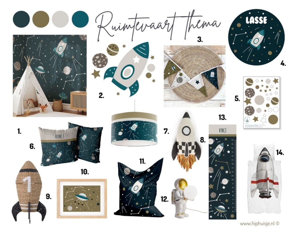 moodboard voor het stylen van een kinderkamer in ruimtevaart thema - hiphuisje