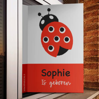 Geboortebord lieveheersbeestje in wit met rood - hiphuisje