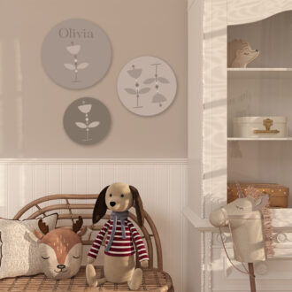 muurcirkels met bloemetjes print in naturel kleuren hip huisje