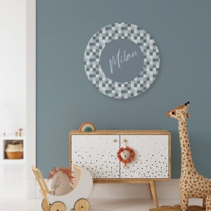 muurcirkel met naam en ruitjes jongenskamer blauw