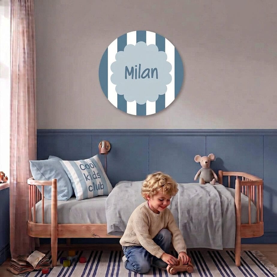 Muurcirkel streepjes kinderkamer, personaliseer met naam 15 jongenskamer decoratie muurcirkel blauwe strepen op bestelling gemaakt