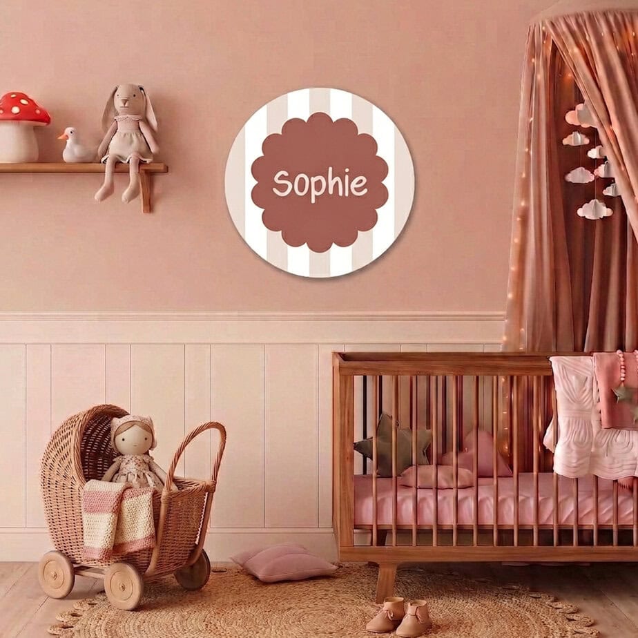 Muurcirkel streepjes kinderkamer, personaliseer met naam 3 kinderkamer decoratie muurcirkel met strepen in naturel kleuren en naam