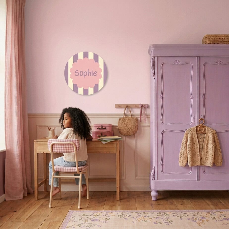 Muurcirkel streepjes kinderkamer, personaliseer met naam 10 muurcirkel met naam en streepjes in lila en creme voor een meisjeskamer