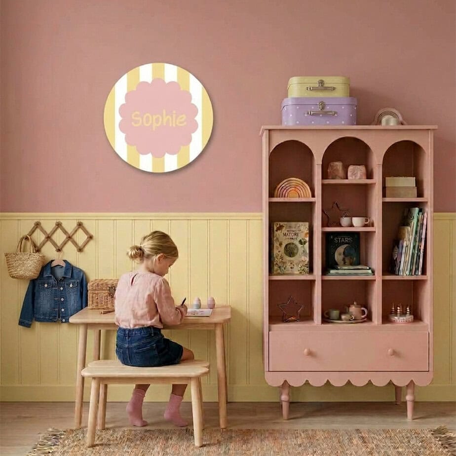 Muurcirkel streepjes kinderkamer, personaliseer met naam 4 muurcirkels meisjeskamer met strepen in lichtgeel met roze en naam