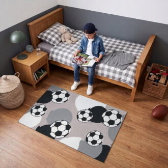 vloerkleed voetbal kinderkamer zwart wit grijs