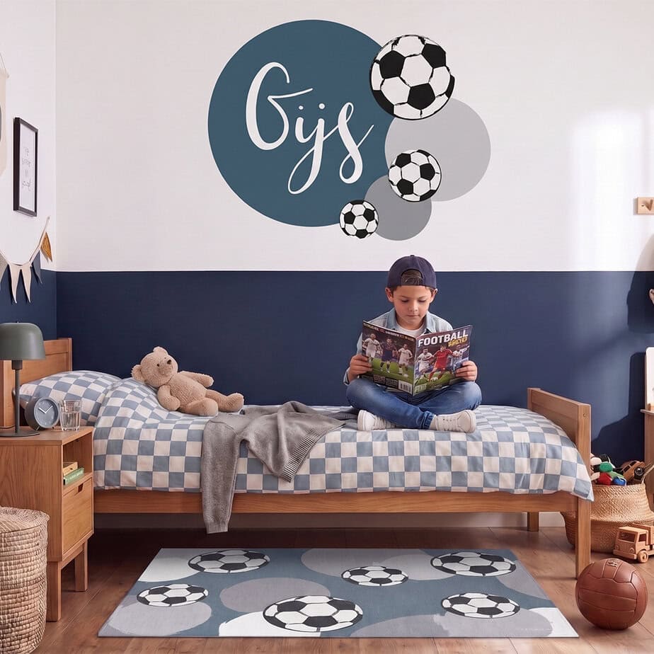 Vloerkleed voetbal kinderkamer blauw met grijs 3 muursticker voetbal blauw met naam en vloerkleed voetbal voor de kinderkamer kopiëren