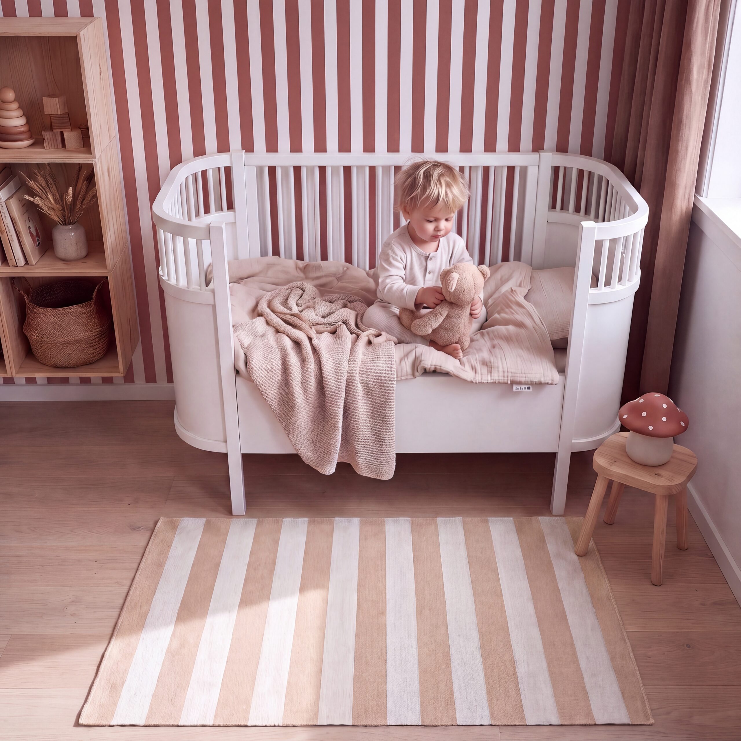 vloerkleed naturel kinderkamer met strepen in ice met wit
