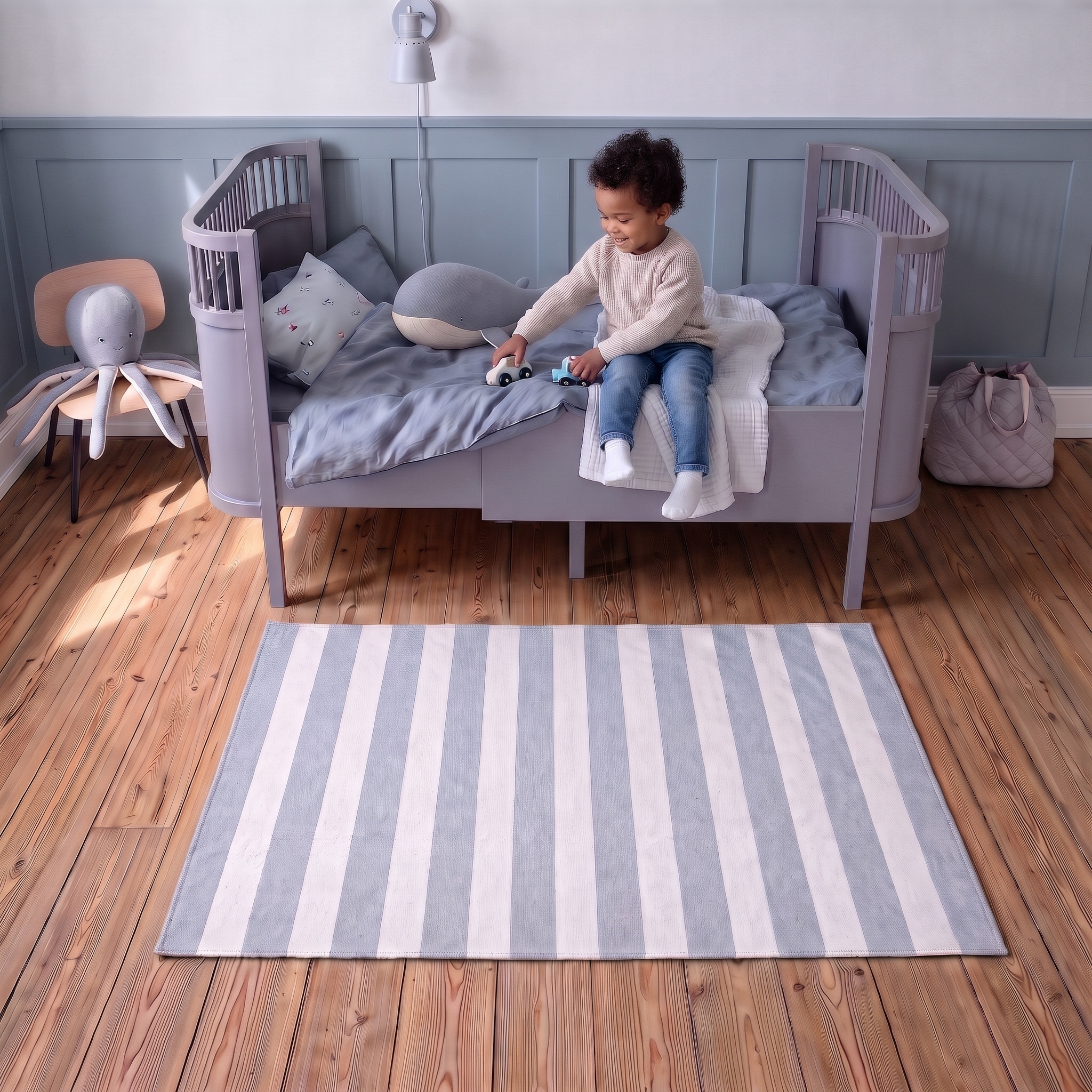 vloerkleedje lichtblauwe strepen kinderkamer decoratie