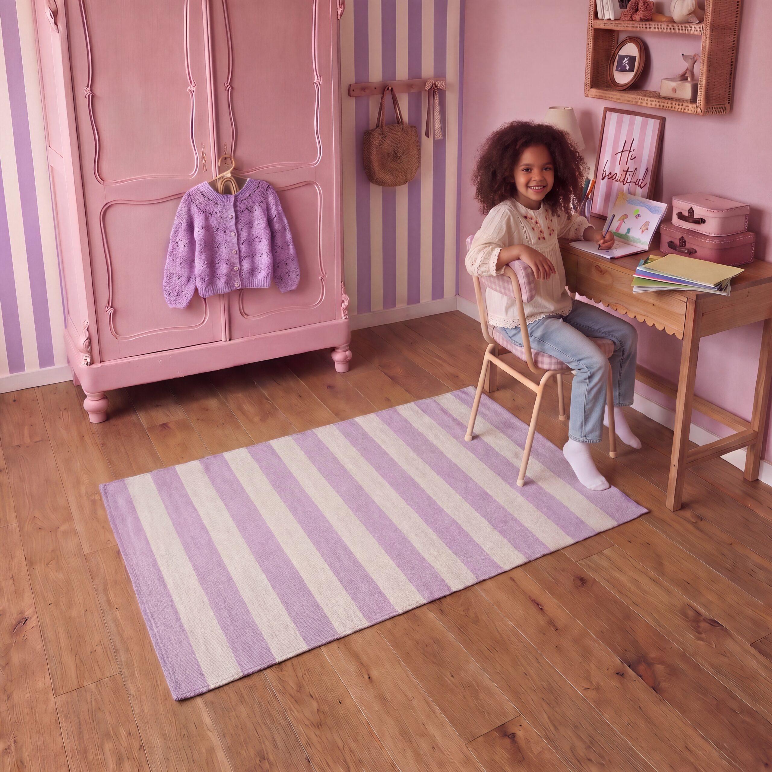 vloerkleedje lila creme strepen voor de kinderkamer