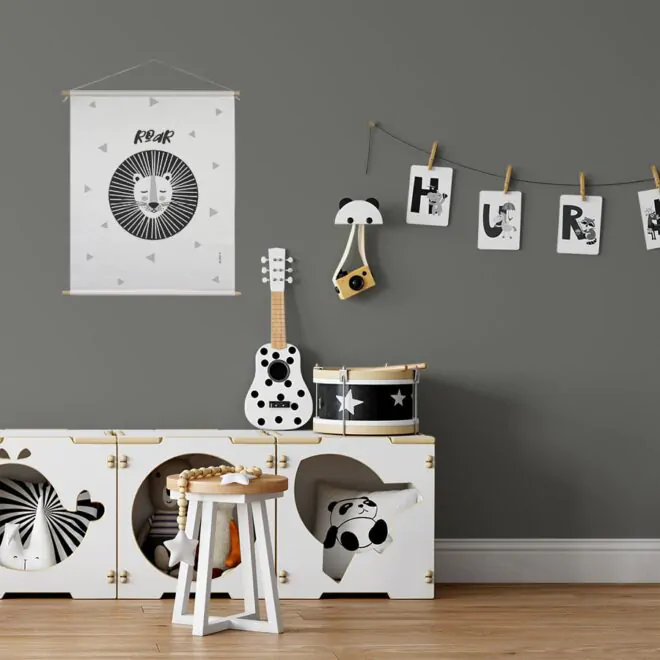 textielposter leeuw zwart wit sfeer kinderkamer hiphuisje