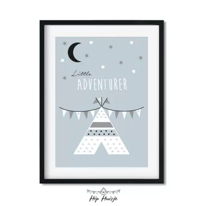poster blauw tipi decoratie kinderkamer babykamer zwartwit accessoires 1